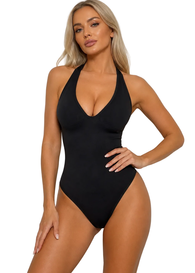 V Duel Strap Halter Bodysuit worn as halter neck, front view