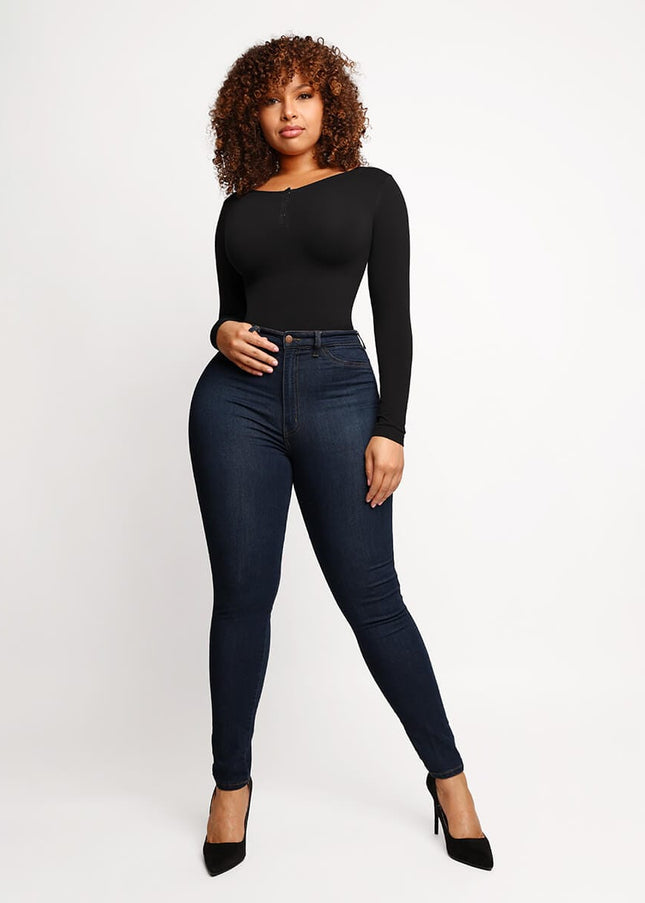 MT220144 - Everyday Button Sleeve Thong Bodysuit