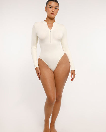 Glide zip thong tummy control bodysuit in black seamless shapewear NZ
