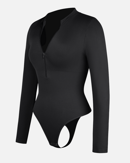 Glide zip thong tummy control bodysuit in black seamless shapewear NZ black side view