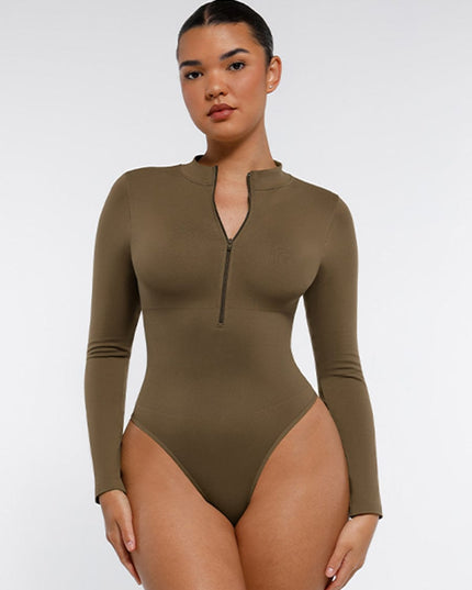 Glide zip thong tummy control bodysuit in olive green front view
